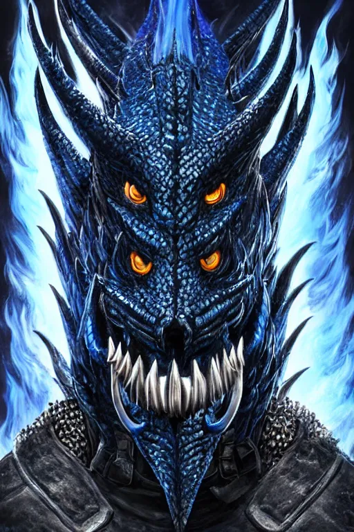 Prompt: a dark blue dragonborn with large tusks, half of his face flaming with blue flame, he wears a black dragon scales armor, studio shot