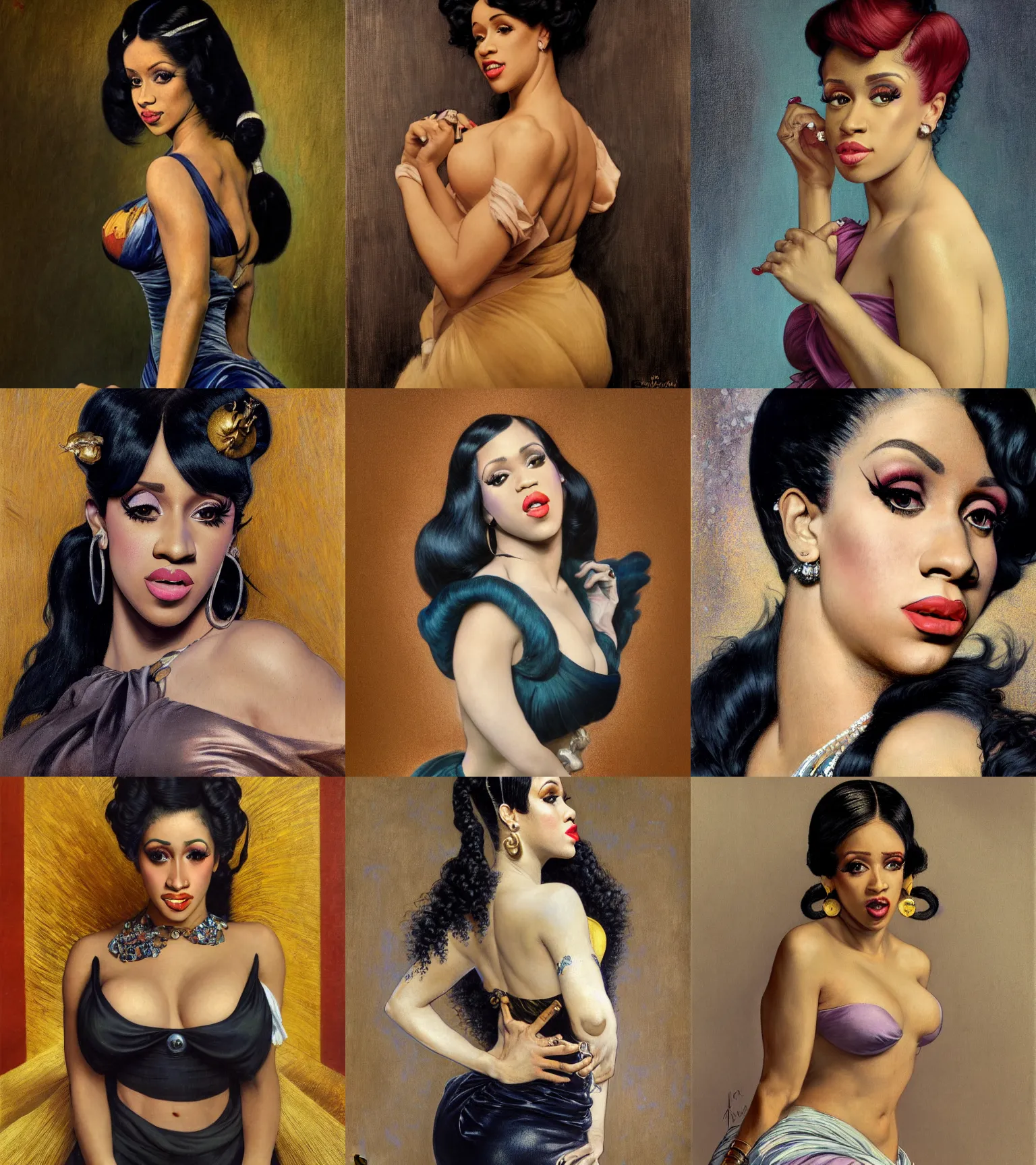 Prompt: cardi b drawn by frank frazetta, gustave caillebotte, alexandre cabanel, norman rockwell, caravaggio, maler collier, peter paul rubens, alphonse mucha, gustav klimt 4 k, unreal 5, daz, french noveau, octane render, hyperrealistic