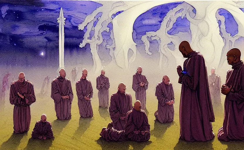 Image similar to a hyperrealist watercolour character concept art portrait of a group of european monks kneeling down in prayer to a tall elegant lovecraftian alien on a misty night in stone henge. a battlecruiser starship is in the background. by rebecca guay, michael kaluta, charles vess and jean moebius giraud