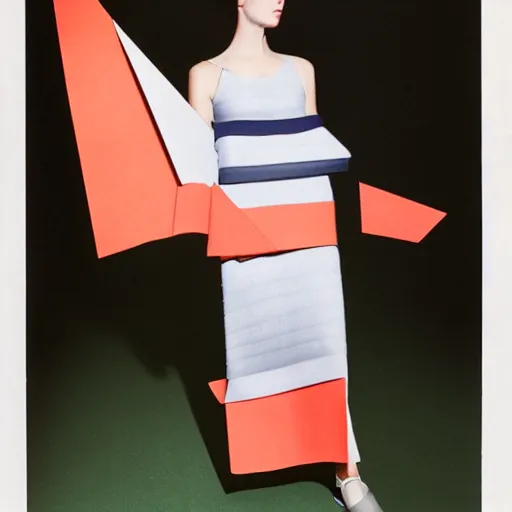 Image similar to woman wearing a cup ramen dress designed by issey miyake