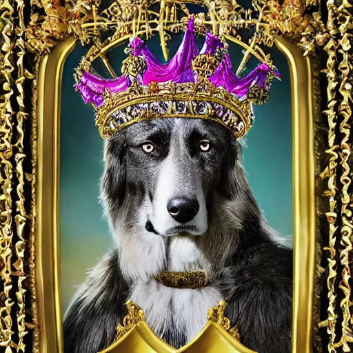 Prompt: an majestic portrait of canine dog man, wearing a crown, handsome, musculine, full body, fantasy, intricate, elegant, highly detailed, on a throne of crystals, meesh, artgem, zeforge, anhes, honovy, high detail, 8 k, intricate ornamental details, vibrant iridescent colors, green magenta and gold, concept art, character art