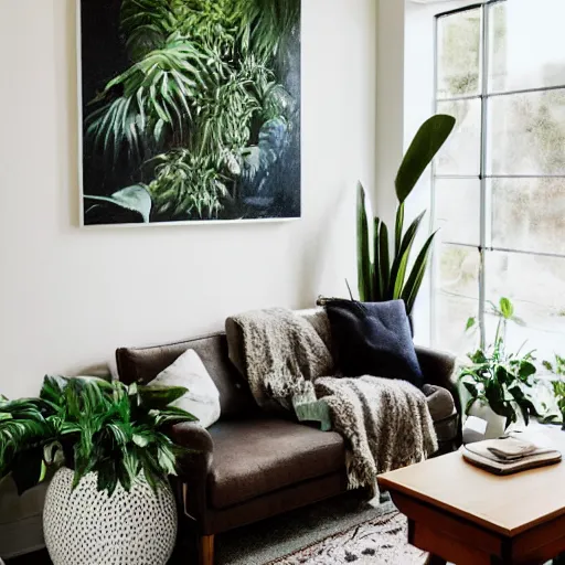 Image similar to a living room with plants and a painting on the wall, featured on tumblr, light and space, sanctuary, soft light, aesthetic