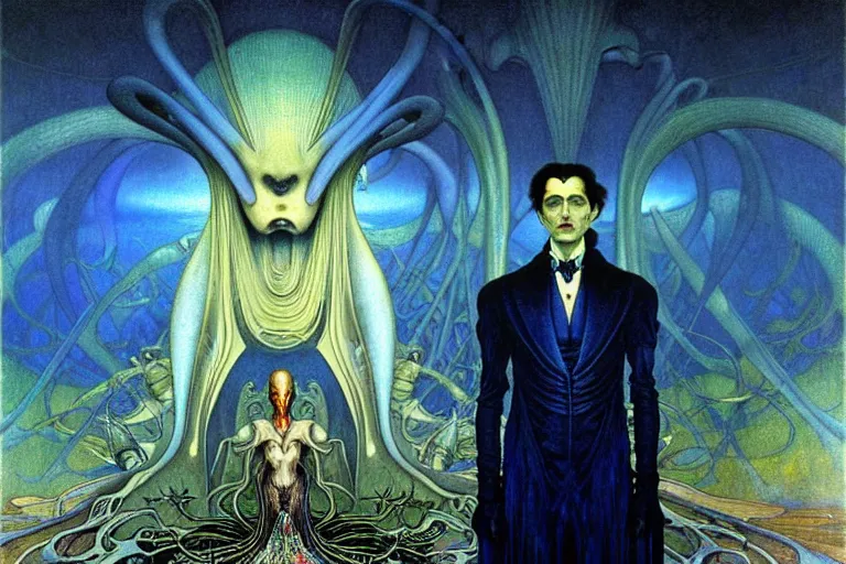 Image similar to realistic extremely detailed portrait painting of an elegantly creepy vampire man in cape, futuristic sci-fi landscape on background by Jean Delville, Amano, Yves Tanguy, Alphonse Mucha, Ernst Haeckel, Edward Robert Hughes, Roger Dean, rich moody colours, blue eyes