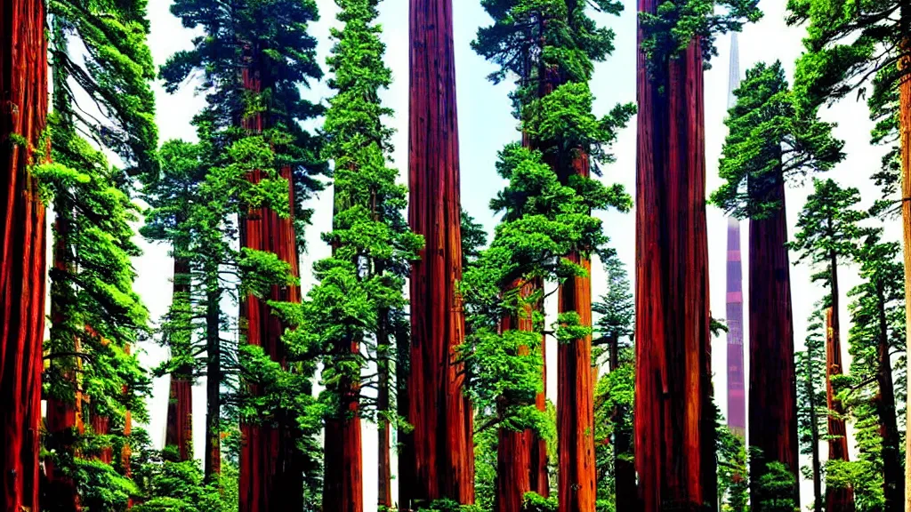 Image similar to Futuristic City in Harmony with Nature(Redwood Trees) by bruce mccall and Klaus Bürgle; Location: San Francisco, California;