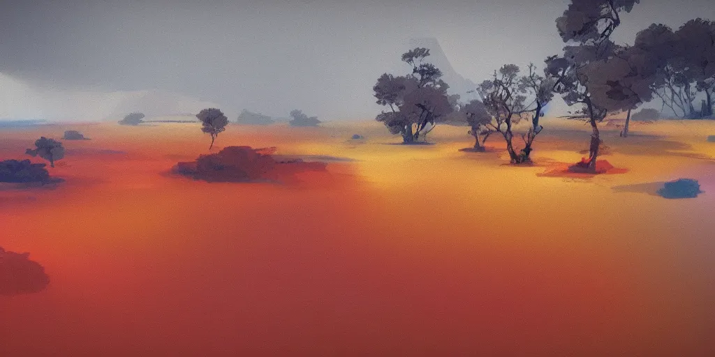 Image similar to abstract landscape painting at 12:00 by james jean and David Schnell, rendering, redshift, octane