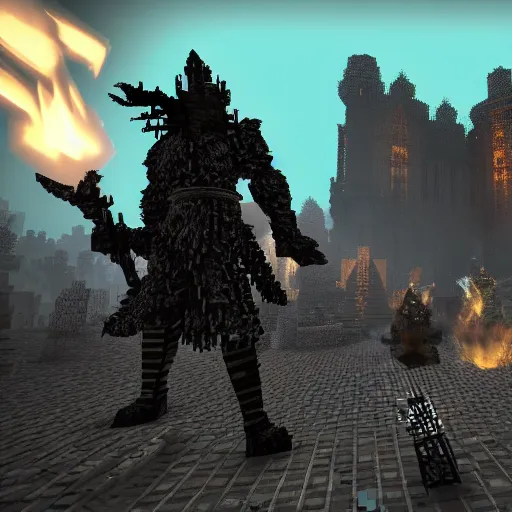 Image similar to gameplay screenshot of the game dark souls in the style of minecraft, a dark souls final boss battle in anor londo in the style of minecraft, unreal engine, raytracing and volumetric lighting, highly detailed