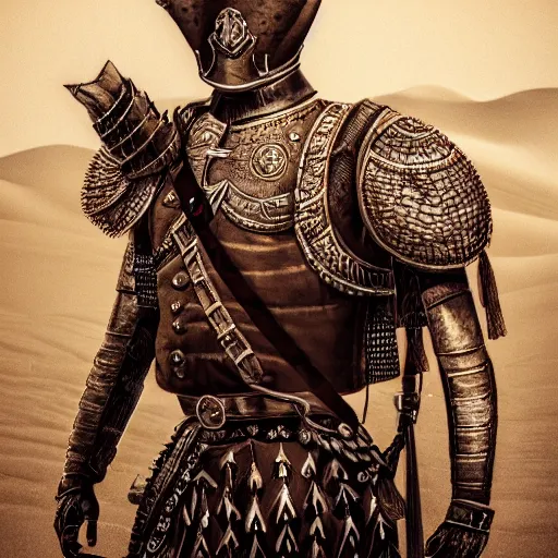 Image similar to illustration of a hussar in the desert, dust, natural lighting, suit of armor, details and intricate, photo realistic, winner of the year's best photo, symmetrical, high definition, artgasm, trending artstation