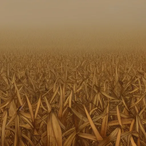 Image similar to demons inside a corn field, foggy, artstation