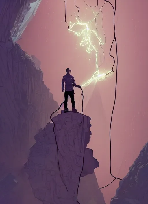 Image similar to comic book art of a [ man ] in trenchcoat with ( glowing ) [ gloves ] and [ boots ] crossing a [ old ] ( rope ) bridge in a [ jungle ] looking up at a [ mountain ] made of crystalized rock, a [ glowing tower ] extends into the sky, low angle, artstation illustration, elegant, arcane by tim doyle