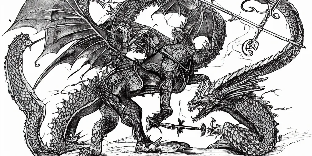 Prompt: A simple yet detailed illustration, depicting a realistic plated knight, holding a spear, facing the horizon where there is a game of thrones western dragon with large wings, popular on art station, in the style of a tattoo, Created by mike mignola