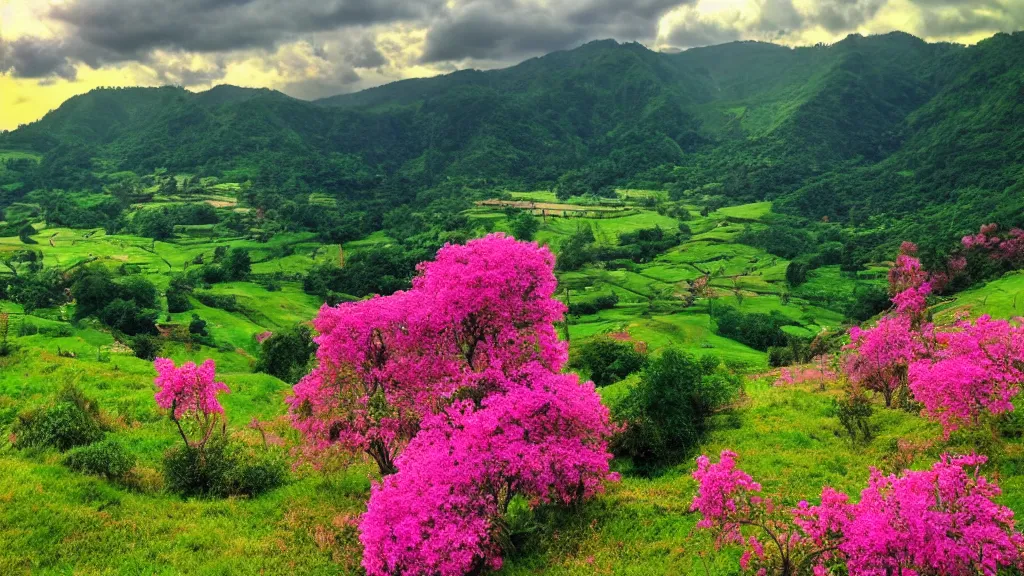 Prompt: Beautiful green lush valley under the pink clouds backlit by the sun