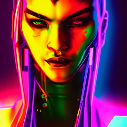 Prompt: A profile portrait of a cyberpunk female,neon colors,neon background, f1.8, 50mm, vibrant light leaks,high detailed, intricate detail,high contrast, hyper realism 8k,trending on artstation.