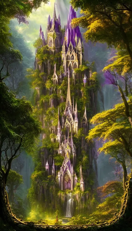 Image similar to fairy palace, castle towers, sunbeams, gothic cathedral, Japanese shrine waterfall, gold and gems, purple trees, lush vegetation, forest landscape, painted by tom bagshaw, raphael lacoste, eddie mendoza, alex ross concept art matte painting