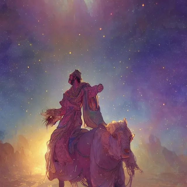 Prompt: bedouin father herding sheep a surrounded by nebula, highly detailed, gold filigree, romantic storybook fantasy, soft cinematic lighting, award, disney concept art watercolor illustration by mandy jurgens and alphonse mucha and alena aenami, pastel color palette, featured on artstation