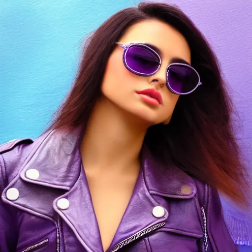 Image similar to closeup painting of a very beautiful young mexican woman with light blue shutter shades, one side haircut, long brown hair with light blue ends, purple leather jacket