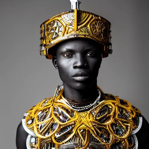 Prompt: a portrait of a beautiful young congolese male wearing an alexander mcqueen armor , photographed by andrew thomas huang, artistic