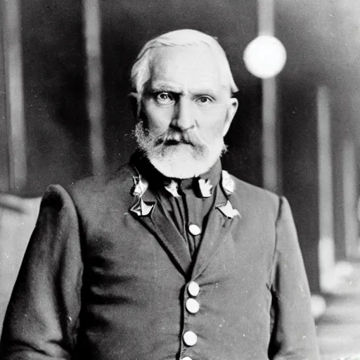 Image similar to a old man in officer suit of russian empire, gray hair and beard, standing near giant yellow dieselpunk ship