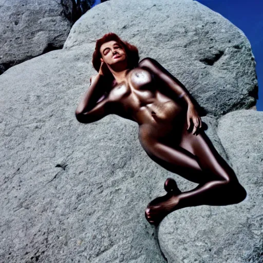 Prompt: wide angle photograph of a female alien reclining on a rock