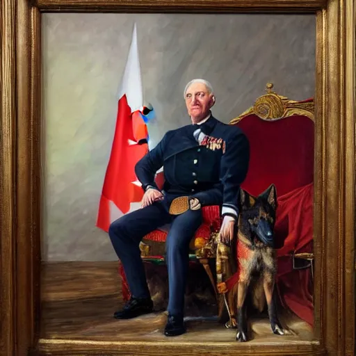 Image similar to an oil painting of a 6 4 years old man as the king of canada, and a german shepherd sitting on his legs