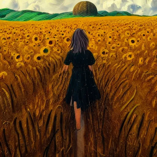 Prompt: giant sunflower face, girl walking in wheat field, hills, surreal photography, dark night, star trails, dramatic light, impressionist painting, clouds, digital painting, artstation, simon stalenhag