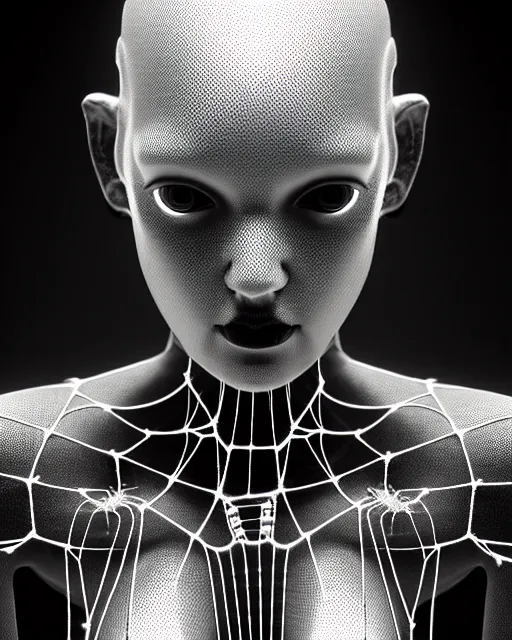 Image similar to black and white cyborg-plant goddess high quality photo, artificial intelligence, bio-mechanical bio-luminescence, artificial spider web, neurons, nerve cells, octane render, cinematic, rim light, hyper realism, photo-realistic, high detail, 8k, in the style of Steven Meisel and Dora Maar and H.G. Giger