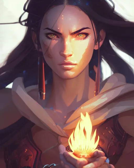 Image similar to azctec warrior, megan fox, detailed perfect face, exquisite details, fire magic, night, mid view, design on a white background, by studio muti, greg rutkowski makoto shinkai takashi takeuchi studio ghibli