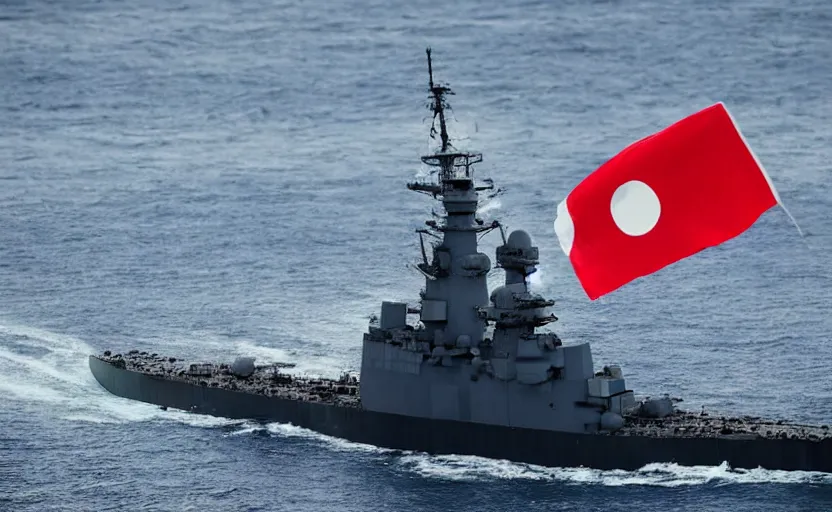 Image similar to portrait photo of japanese battleship, highly detailed, water splashes in ocean, in the background, high resolution, history photo, stunning, navy flags, bokeh soft, shot on 7 0 mm, zenithal lightning, trending on instagram, by award winning photographer, symmetrical mechanical features, shot with a professional camera, low saturation, world war 2, hard surfaces