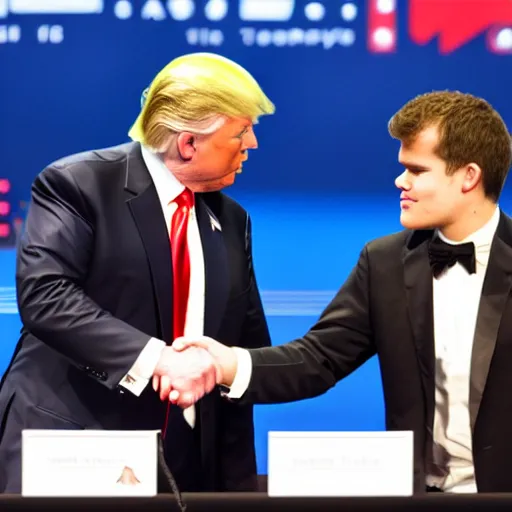 Image similar to donald trump and magnus carlsen shaking hands