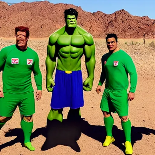 Image similar to supermen and hulk playing soccer together at desert