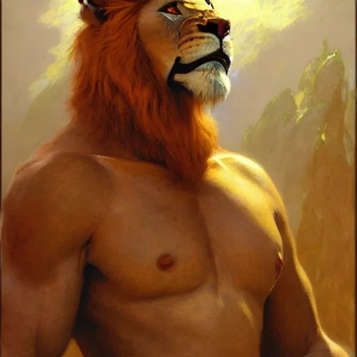 Image similar to a portrait of an anthromorphic lionman. highly detailed painting by gaston bussiere, craig mullins, j. c. leyendecker, furry