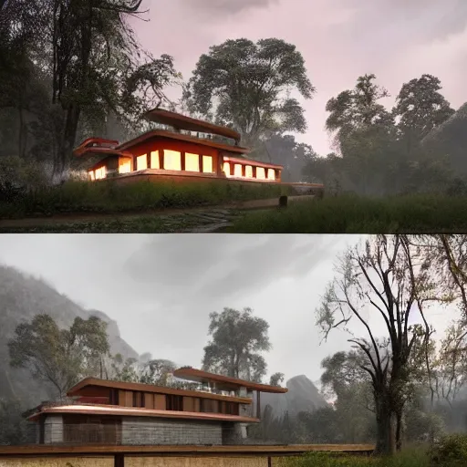 Image similar to modernist house inspired by a tibetan palace between big trees, light pink clouds, dramatic lighting, artstation, matte painting, raphael lacoste, simon stalenhag, frank lloyd wright, zaha hadid