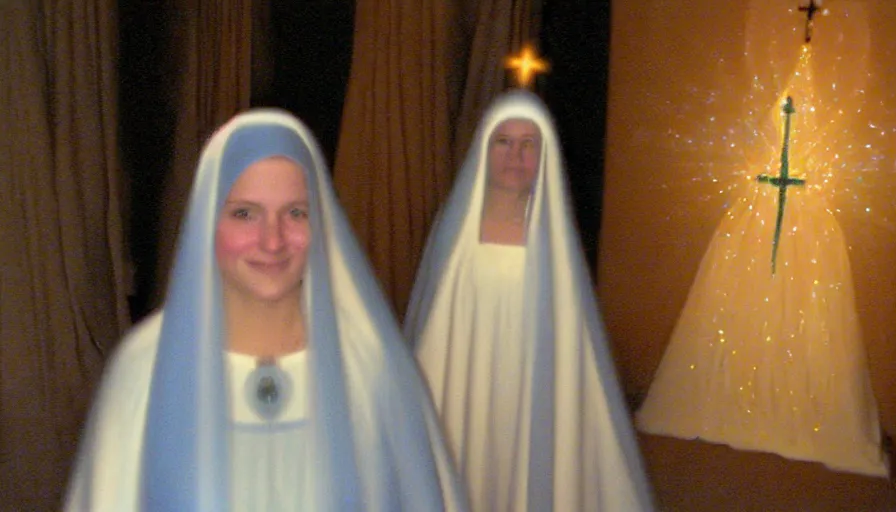 Image similar to 2 0 0 8 nokia flipphone footage of marian apparition, subject glowing