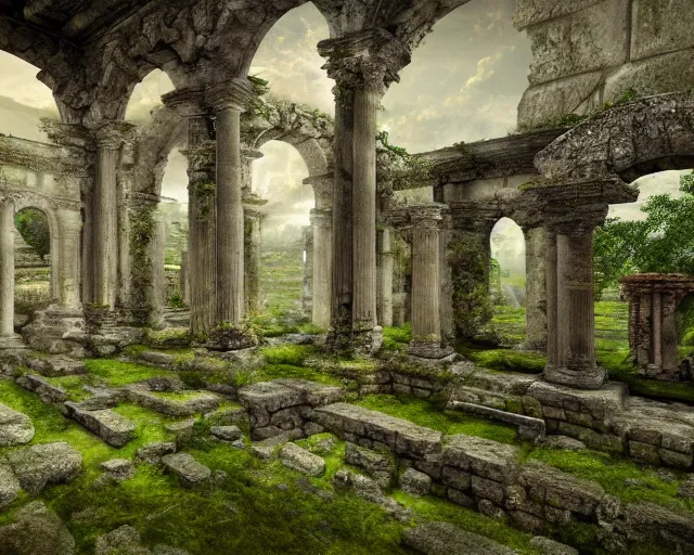 Prompt: Old ancient Roman ruins, mossy, detailed, 8k, matte painting, landscape