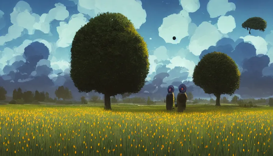 Prompt: black hexagons in the sky, no clouds, field with grass and flowers, big tree, person, matte painting, art station, blue sky, simon stalenhag