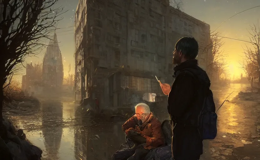 Image similar to highly detailed portrait of joe biden as a homeless, talking to his reflection, stephen bliss, unreal engine, fantasy art by greg rutkowski, loish, rhads, ferdinand knab, makoto shinkai and lois van baarle, ilya kuvshinov, rossdraws, tom bagshaw, global illumination, radiant light, detailed and intricate environment