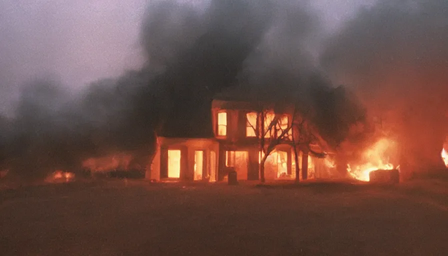 Image similar to 1 9 7 0 s movie still of a heavy burning french style little house by night in autumn, in a small northern french village, sony mini dv camera, heavy grain, high quality, high detail, dramatic light, anamorphic, flares