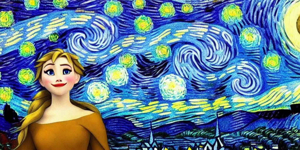 Prompt: starry night in the style of odilon redon featuring elsa from frozen