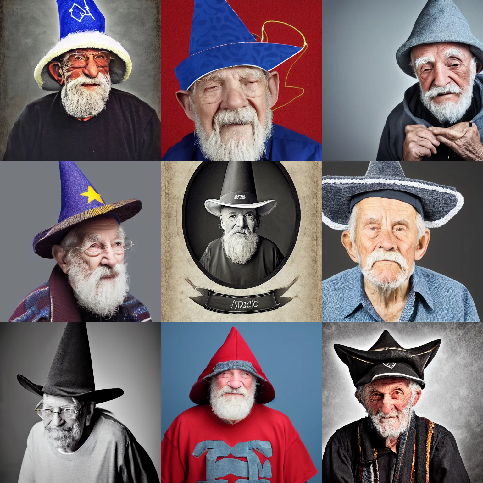 Prompt: studio portrait of an old man wearing a wizard hat with the Wikipedia logo on it