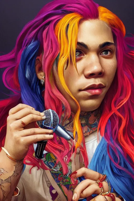 Image similar to colorful cottagecore tekashi 6ix9ine holding a microphone. intricate, elegant. highly detailed, digital painting, artstation, concept art, smooth, sharp, focus, illustration. . art by artgerm and greg rutkowski and alphonse mucha