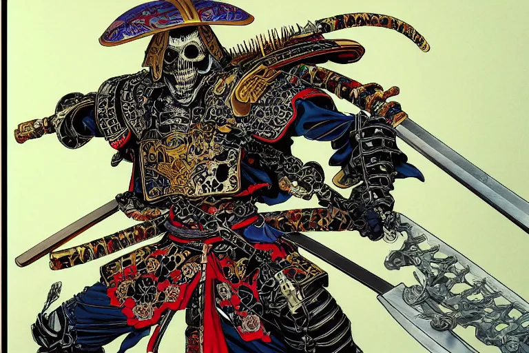 Image similar to portrait of a crazy skeletor samurai with japanese armor and helmet, by yoichi hatakenaka, masamune shirow, josan gonzales and dan mumford, ayami kojima, takato yamamoto, barclay shaw, karol bak, yukito kishiro