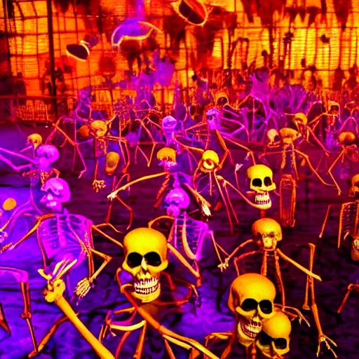 Image similar to photo, a giant crowd of realistic anatomically correct claymation skeletons dancing sensually and cool inside a colorful futuristic night club, colorful dramatic unique lighting