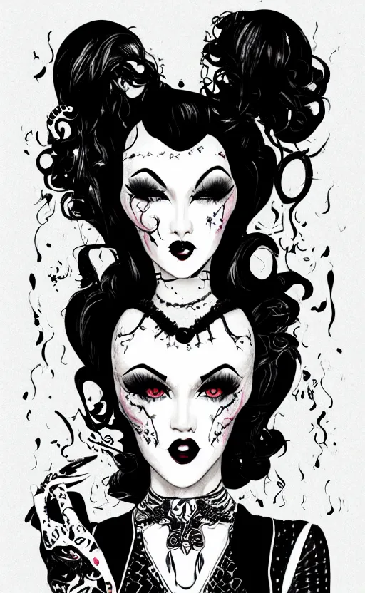 Image similar to of a goth girl burlesque psychobilly, rockabilly, punk, black hair, detailed face, white background, drawing, zoomed out, full body, illustration