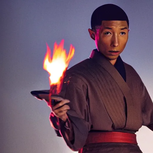 Image similar to cinematic film still Pharrell Williams starring as a Samurai holding fire, Japanese CGI, VFX, 2003, 40mm lens, shallow depth of field,film photography