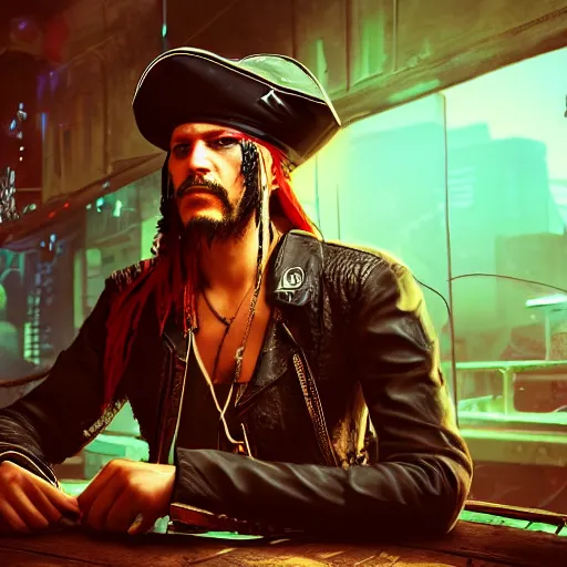 Image similar to a high quality portrait of a gritty pirate in a cyberpunk cyberpunk cyberpunk cafe, realism, 8k, award winning photo