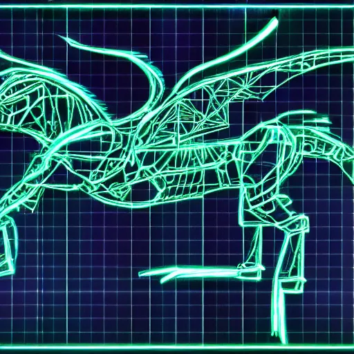 Image similar to <https://s.mj.run/Hy-XYluU-s8> A wireframe Mecha dragon, Holographic Projection, Grid, glowing neon, diagram schematic, measurements, hieroglyphics, octane rendered, 16k uhd