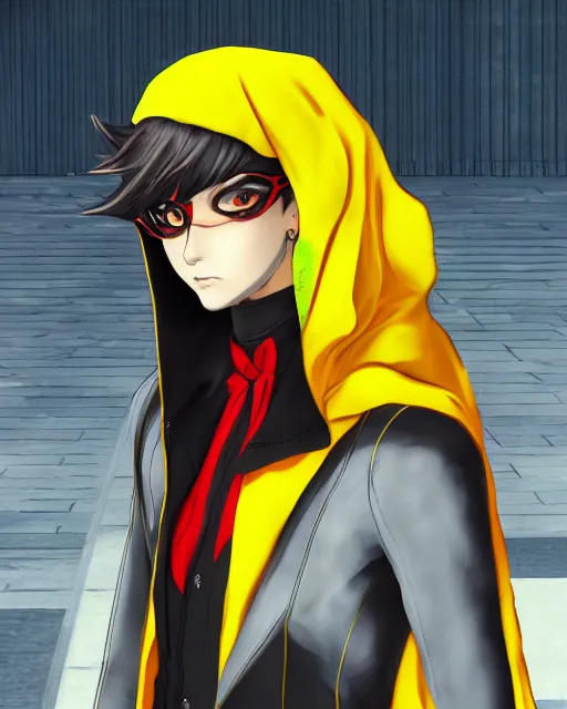 Prompt: Young Arabian half-wolf. Dressed in yellow cloth. Portrait in Persona 5, Persona 5 style, anime