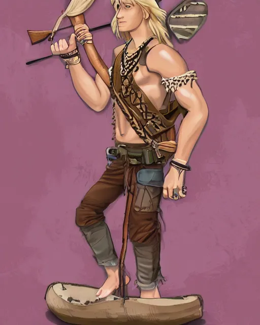 Image similar to a hippy male ranger, dnd, wearing a leather vest and white linen pants, puka shell necklace, long swept back blond hair, with a bongo drum and nunchuku, chiseled good looks, digital art