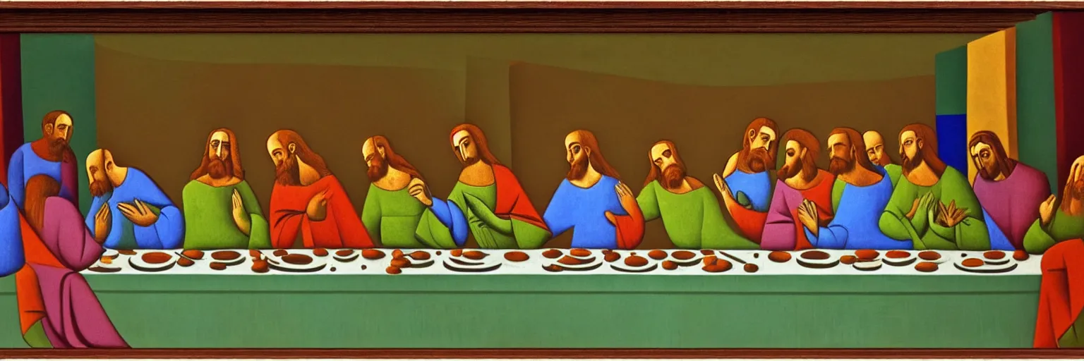 Prompt: the last supper picasso style, whole frame, pastel color