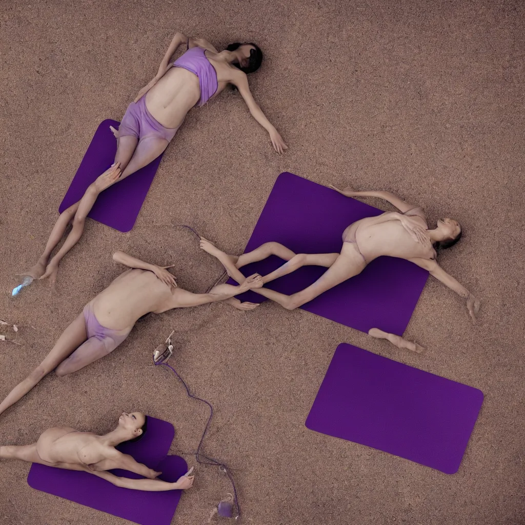 Image similar to overhead view of iridiscent oil spill in desert sand tempest with women corpses connected by cables and computers to wax forms to a buried baby relaxing on yoga mat, faded, purple gradient, dust, purple fog, depth of field, by werner herzog, hans bellmer and nadav kander, 8 k, sad atmosphere, cinematic