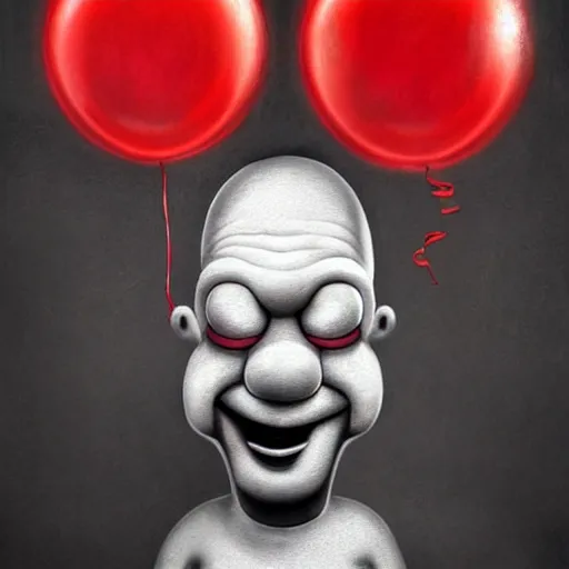 Prompt: surrealism grunge cartoon portrait sketch of homer simpson with a wide smile and a red balloon by - michael karcz, loony toons style, pennywise style, horror theme, detailed, elegant, intricate